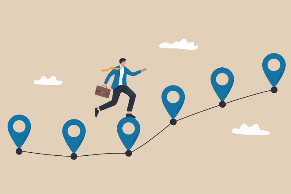 An illustration of a man jumping between a series of platforms sat on a rope to illustrate career progression